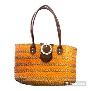 Bijoux Turner Large straw woven tote bag PEACH/TAN 14" zipper, Beach